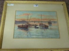 Fishing Boats off the Coast at Sunset, watercolour signed by Frank Rousse (Fl.