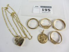 Two wedding bands, two signet rings, locket and pendant all 9ct approx 13.