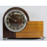 Norland Art Deco period three tone mahogany,rosewood and satin wood mantel clock, W31cm,