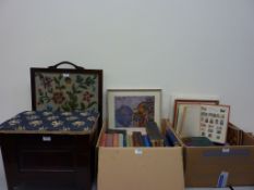 Books, prints, firescreen with floral woolwork panel,