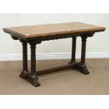 Late Victorian aesthetic movement pitch pine ecclesiastical table, 143cm x 70cm,