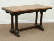 Late Victorian aesthetic movement pitch pine ecclesiastical table, 143cm x 70cm,