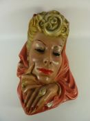 Art Deco period Goldscheider style chalkware female face wall plaque H37cm