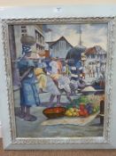 'Cape Province Market Place' South African oil on board signed M.