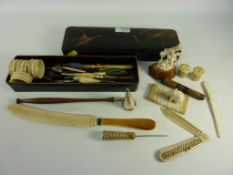 Ivory and bone items, candle snuffer with turned rosewood handle and other miscellaneous items in