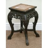 19th century square Eastern carved rosewood and mahogany jardiniere stand with inset marble top,