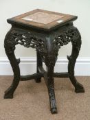 19th century square Eastern carved rosewood and mahogany jardiniere stand with inset marble top,