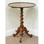 Early 19th century mahogany occasional table, circular snap top on barley twist column, H74cm,