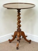 Early 19th century mahogany occasional table, circular snap top on barley twist column, H74cm,