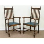 Pair early 20th century barley twist framed carver armchairs with upholstered drop in seats