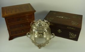 Miniature mahogany three drawer jewellery chest with inlaid boxwood stringing H20cm,