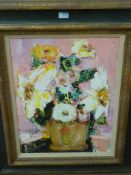 'Fleurs au Fond Rose', oil on canvas signed M Rousseau (Mid 20th century),