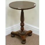 Rosewood wine table with inlaid brass trefoil base, D38cm,