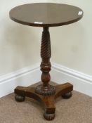 Rosewood wine table with inlaid brass trefoil base, D38cm,