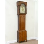 Late 19th century golden oak longcase clock, 30 hour movement with painted enamel dial,