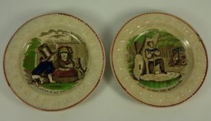 Pair early Victorian Staffordshire children's alphabet plates titled 'Playing at Lovers' & 'Little