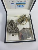 Marcasite horse head and flower brooches,