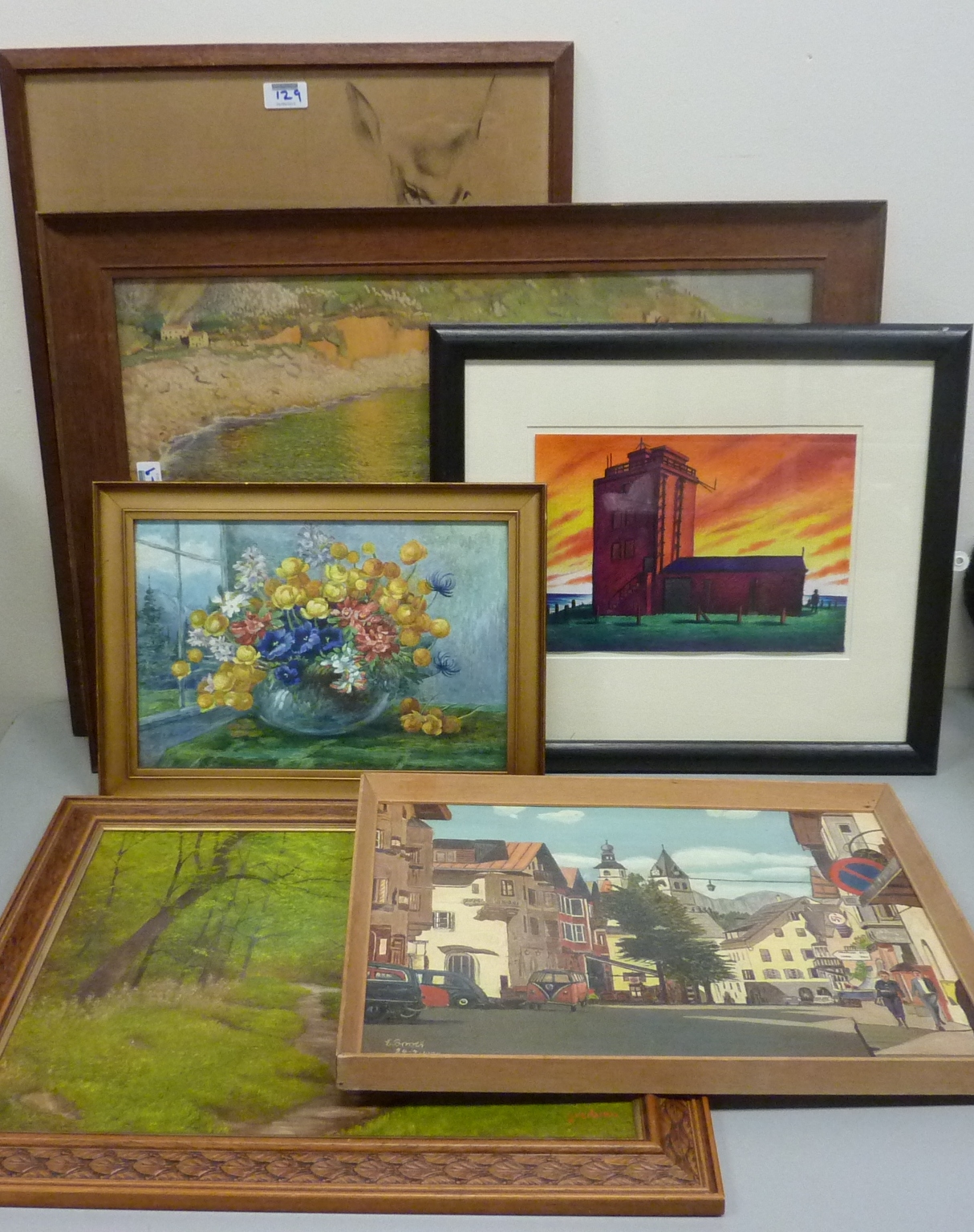 Assorted pictures and prints in one box