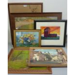 Assorted pictures and prints in one box