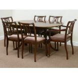 Reproduction mahogany twin pedestal extending dining table, L154cm, L190cm (with leaf), W89cm,