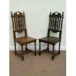 Two Victorian Carolean style oak hall chairs