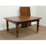 Victorian style mahogany telescopic extending dining table with two leaves, W125cm,