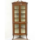 Edwardian inlaid mahogany two tier corner display cabinet enclosed by two glazed doors, W86cm,