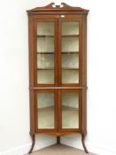 Edwardian inlaid mahogany two tier corner display cabinet enclosed by two glazed doors, W86cm,