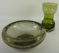 Whitefriars smokey bubble glass bowl and a Scandinavian green art glass vase