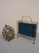 Retro magazine rack and an gilt brass easel frame table mirror H27cm