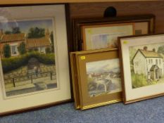 Cottage scenes, two watercolours by D M Broomhead and May Marriot,