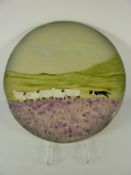 Eskdale Studio platter painted with sheep and a sheepdog D35cm (with stand)