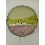 Eskdale Studio platter painted with sheep and a sheepdog D35cm (with stand)