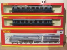 Hornby 00 gauge LMS 4-6-2 Coronation locomotive and tender R2206 and two Coronation Scot coaches