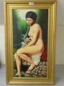 'The Bather', oil on panel signed by Ola