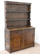 Medium oak two drawer dresser with two heights plate rack, W127cm, H184cm,