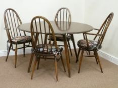 Ercol medium elm oval drop leaf table and four chairs, L125cm (open),
