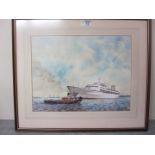 The Canberra and Tug Boat watercolour signed Primrose 29cm x 37cm