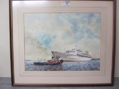 The Canberra and Tug Boat watercolour signed Primrose 29cm x 37cm