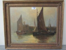 Fishing vessels leaving the quayside early 20th century oil on canvas signed W Parkyn 34cm x 44cm