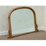 Pine arch top overmantle mirror, carved detail,