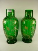 Pair Victorian glass vases with enamel decoration H31cm