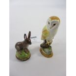 Halcyon Days porcelain owl and rabbit with hardstone seal both with hallmarked silver-gilt bases