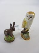 Halcyon Days porcelain owl and rabbit with hardstone seal both with hallmarked silver-gilt bases