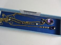 Two amethyst pendant necklaces and a chain bracelet interspersed with pearls all stamped 375