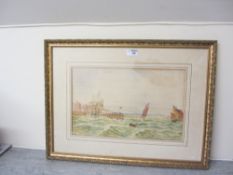 Sailing vessels off Bridlington with Flamborough head beyond watercolour signed G Wilson 1894 25cm