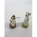Halcyon Days porcelain cat and Dalmatian hardstone seals with hallmarked silver gilt bases