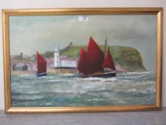 Yachts leaving Scarborough harbour oil on canvas signed Robert Sheader 37cm x 59cm