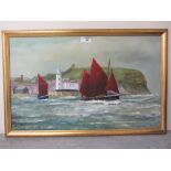 Yachts leaving Scarborough harbour oil on canvas signed Robert Sheader 37cm x 59cm