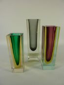 Set of three 1960's graduating Murano square section vases, residue of old label,